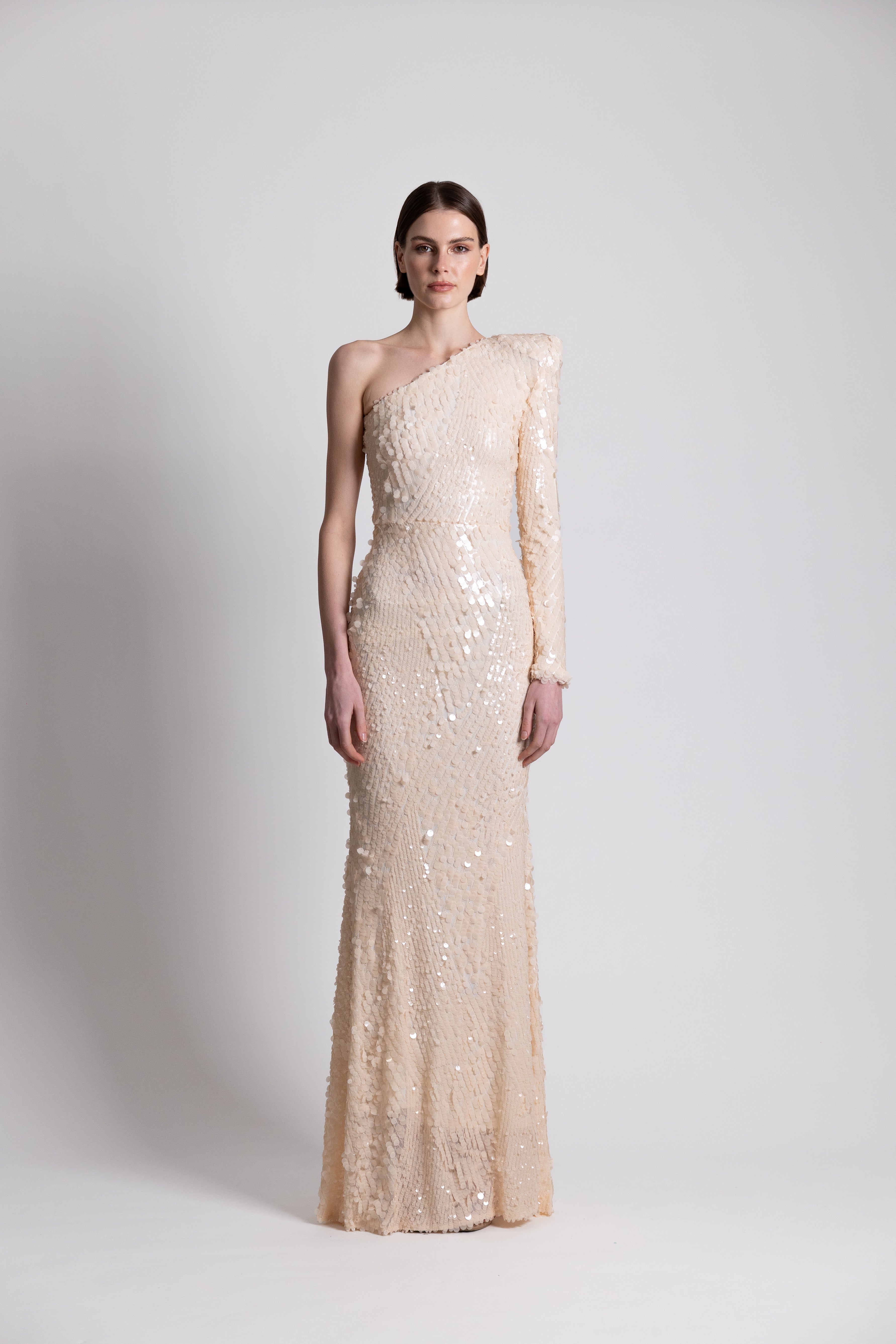 Nude One-Shoulder Sequins Gown