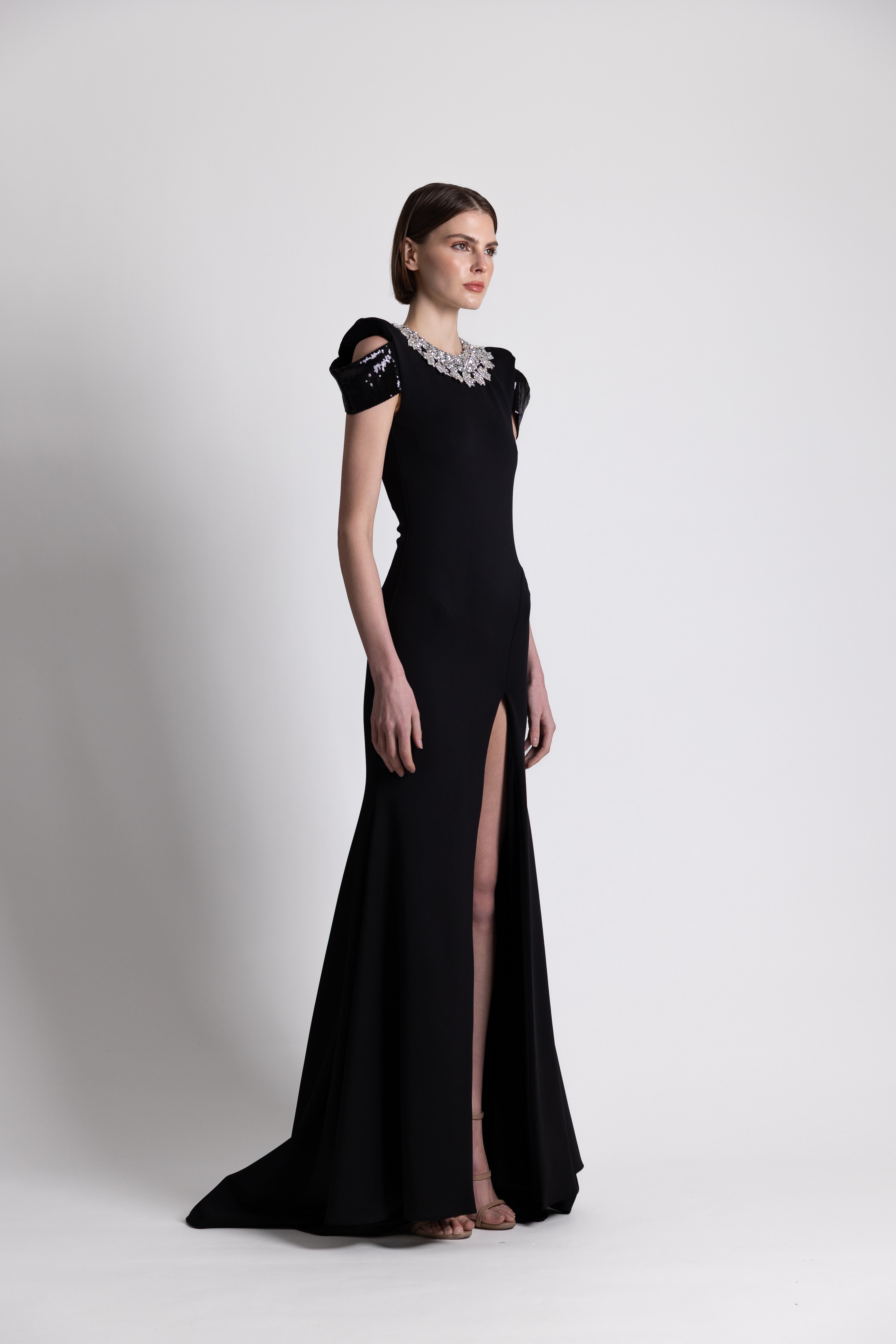 Black Gown with Embellished Collar