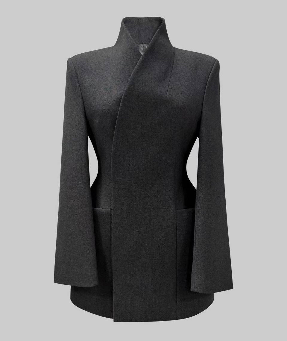 High-collar wrap blazer