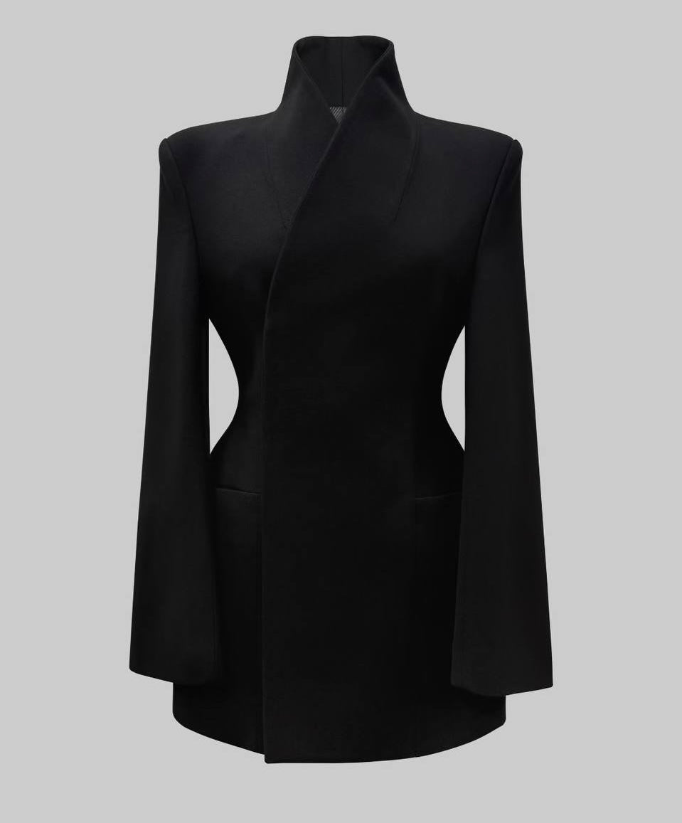 High-collar wrap blazer