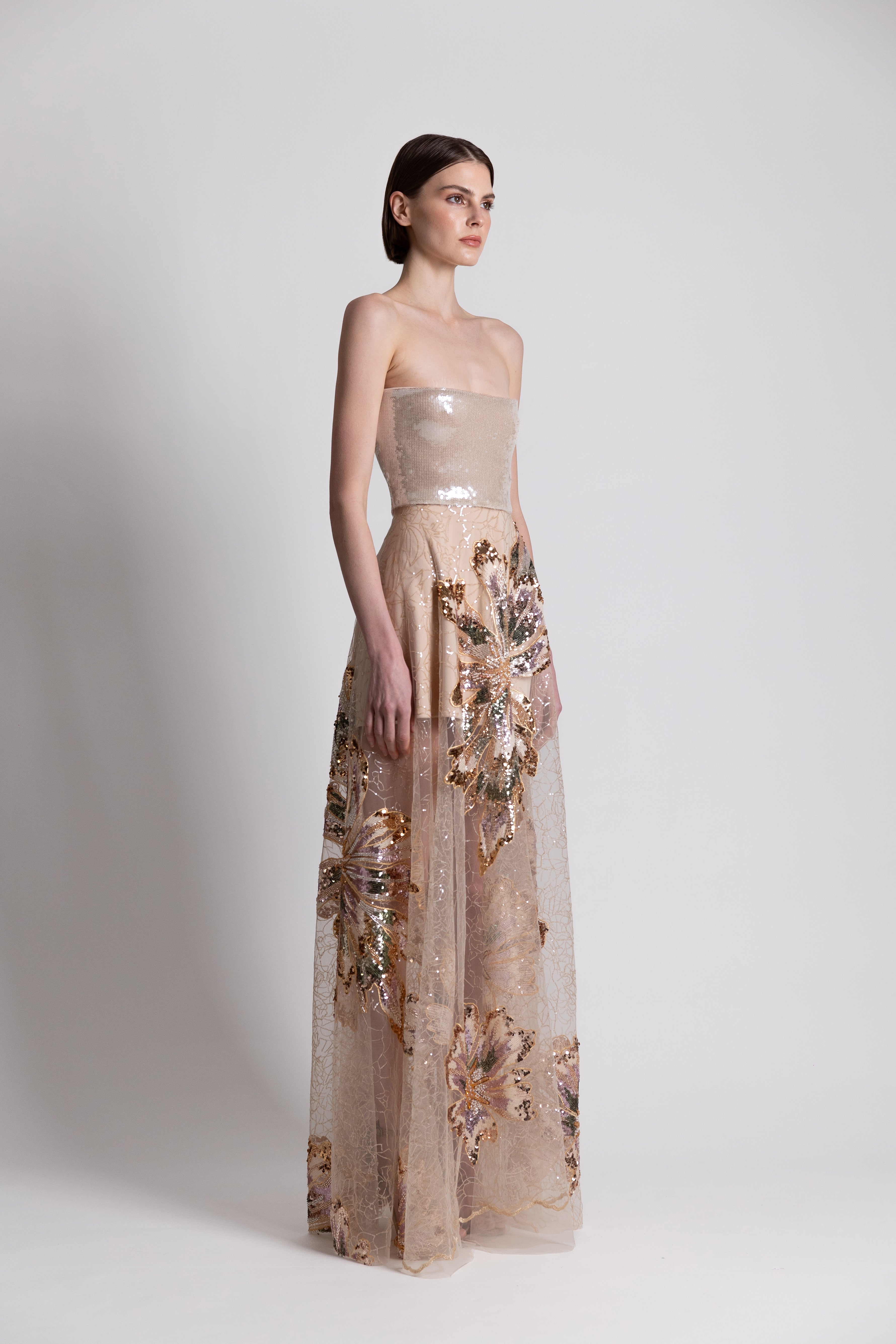 Nude Floral Sequins Gown
