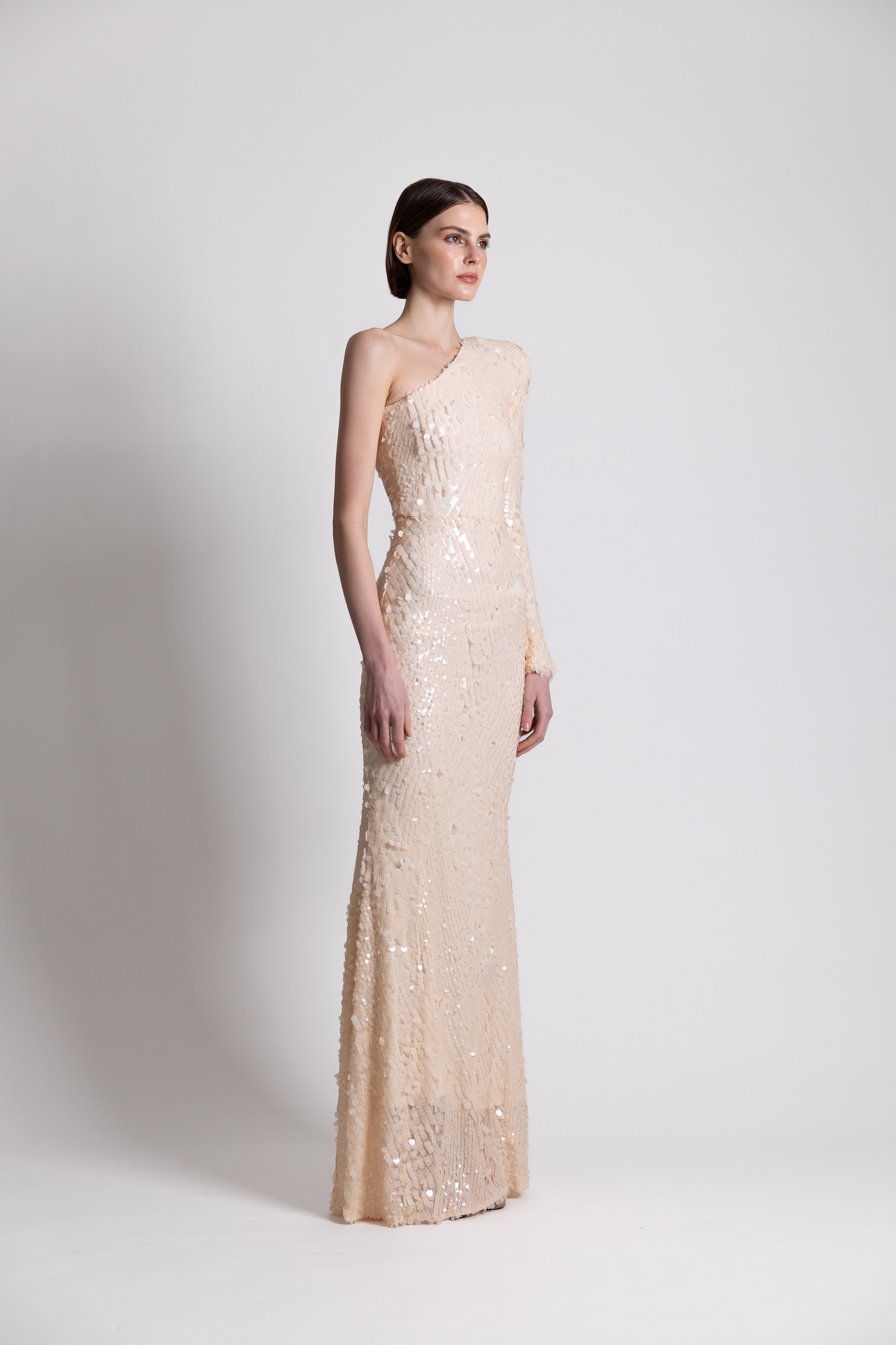 Nude One-Shoulder Sequins Gown