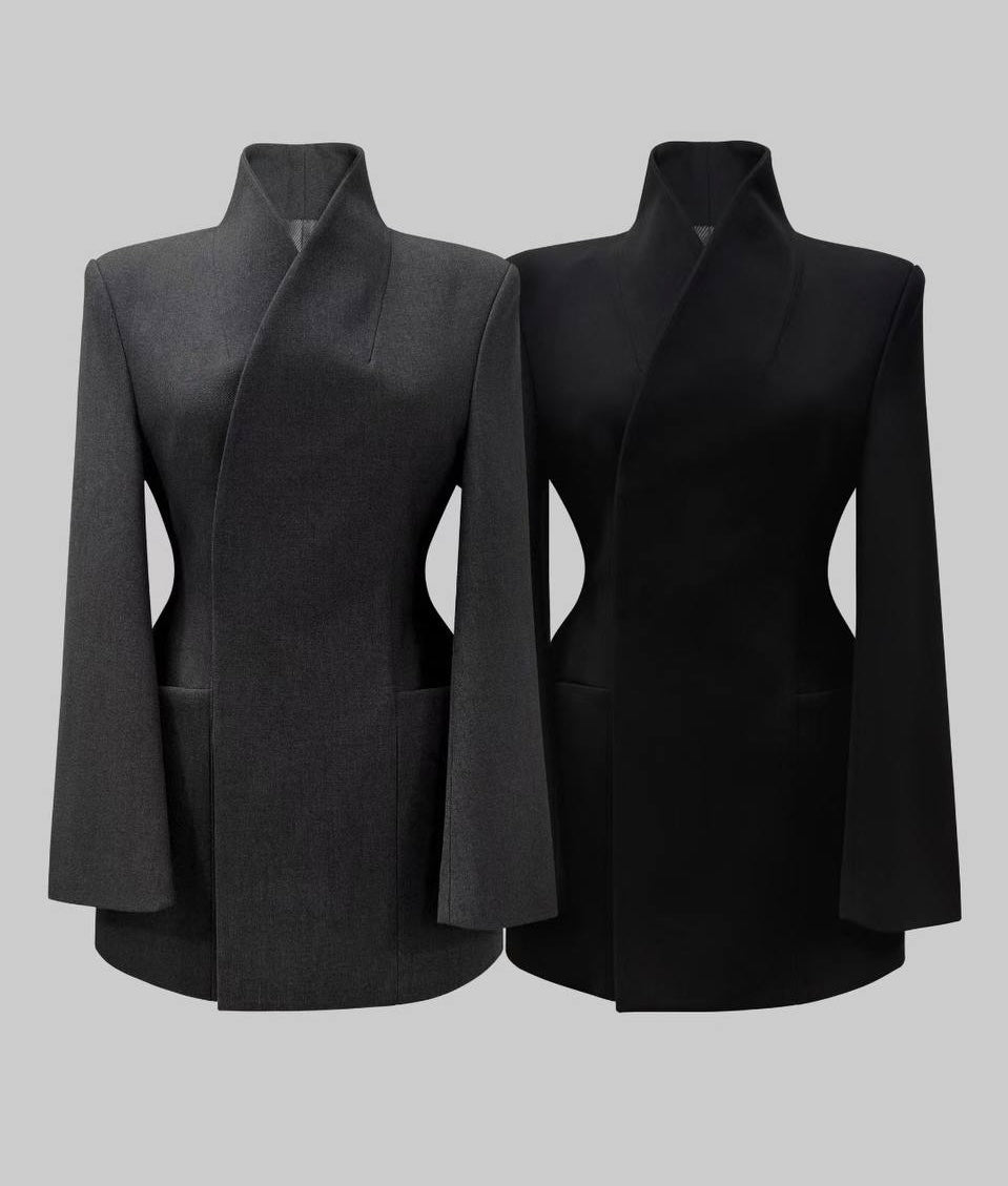 High-collar wrap blazer