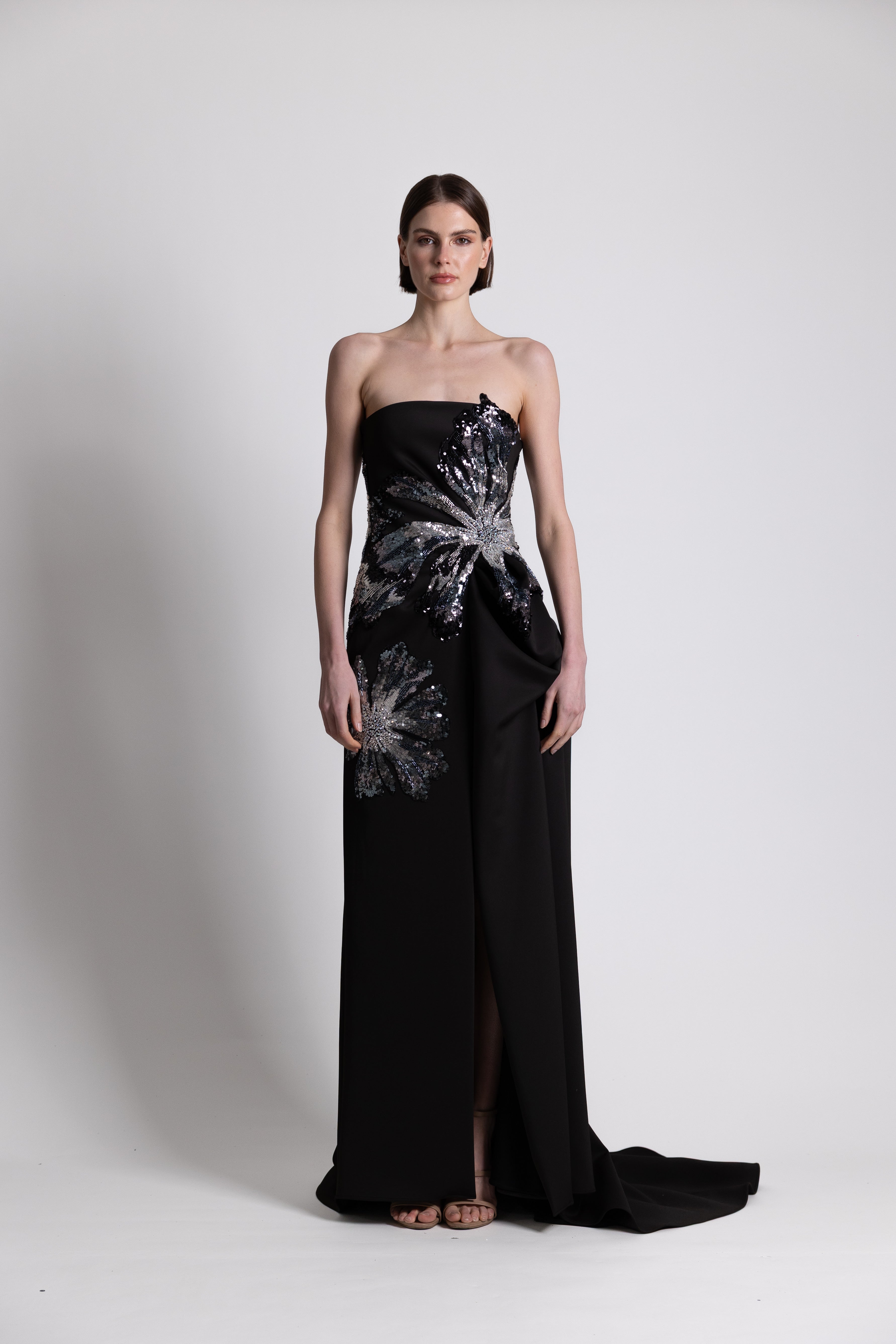 Black Floral Sequins Gown