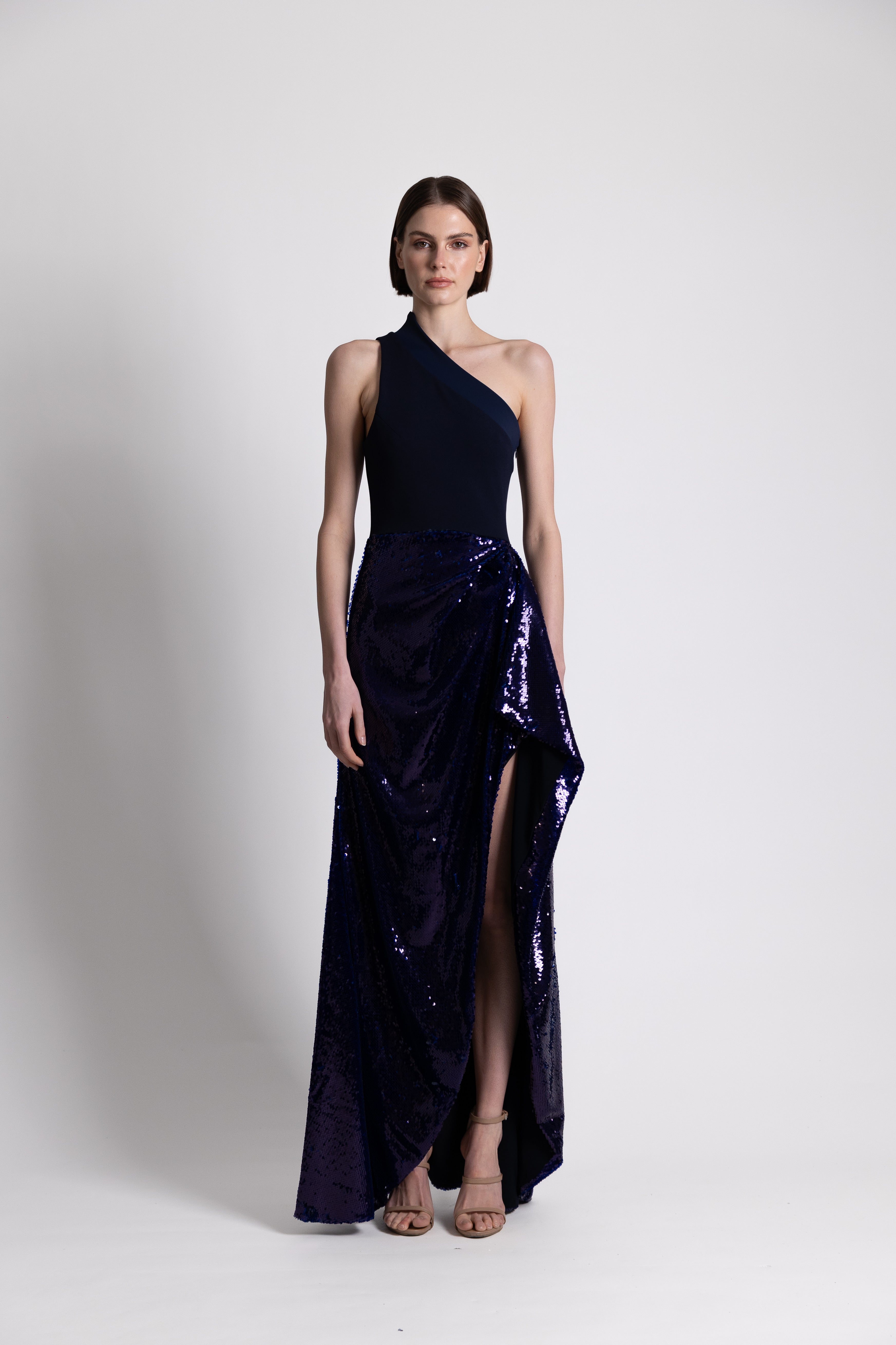 Navy One-Shoulder Gown with Sequins