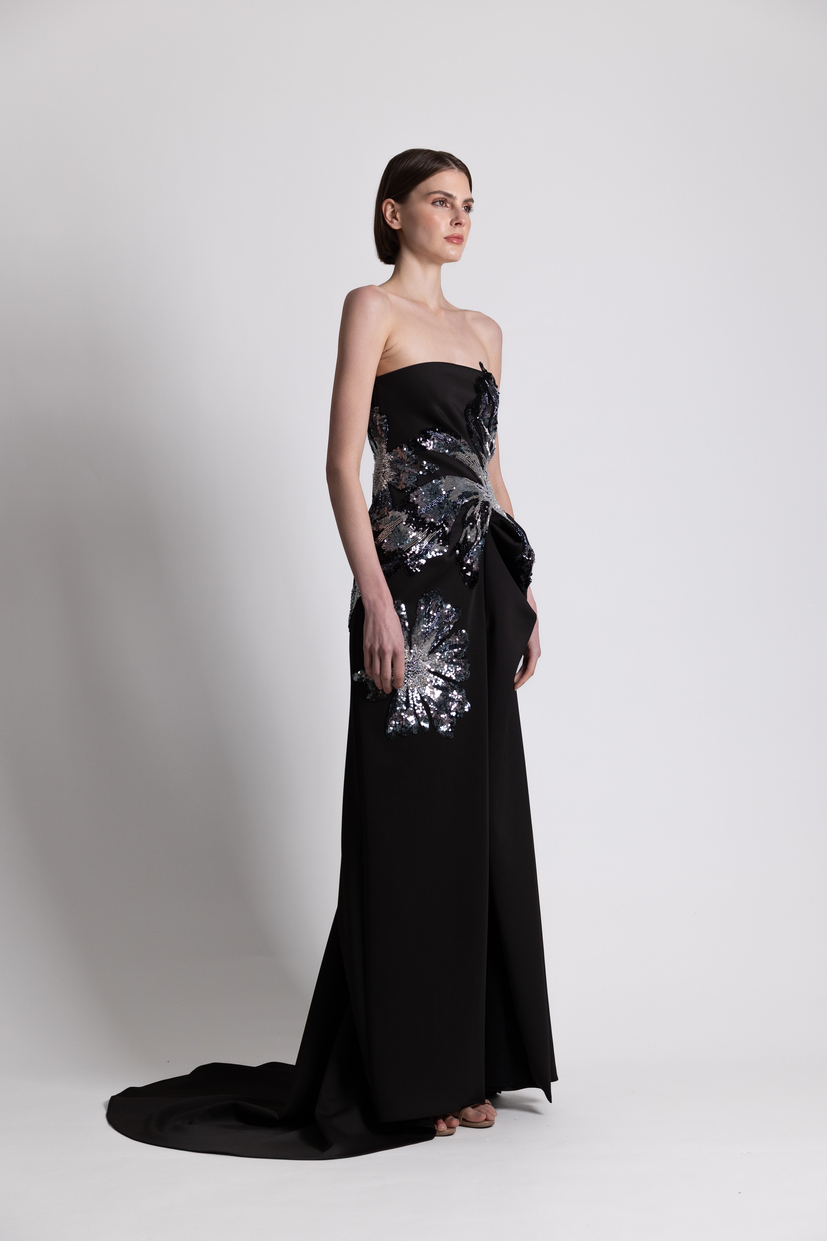 Black Floral Sequins Gown