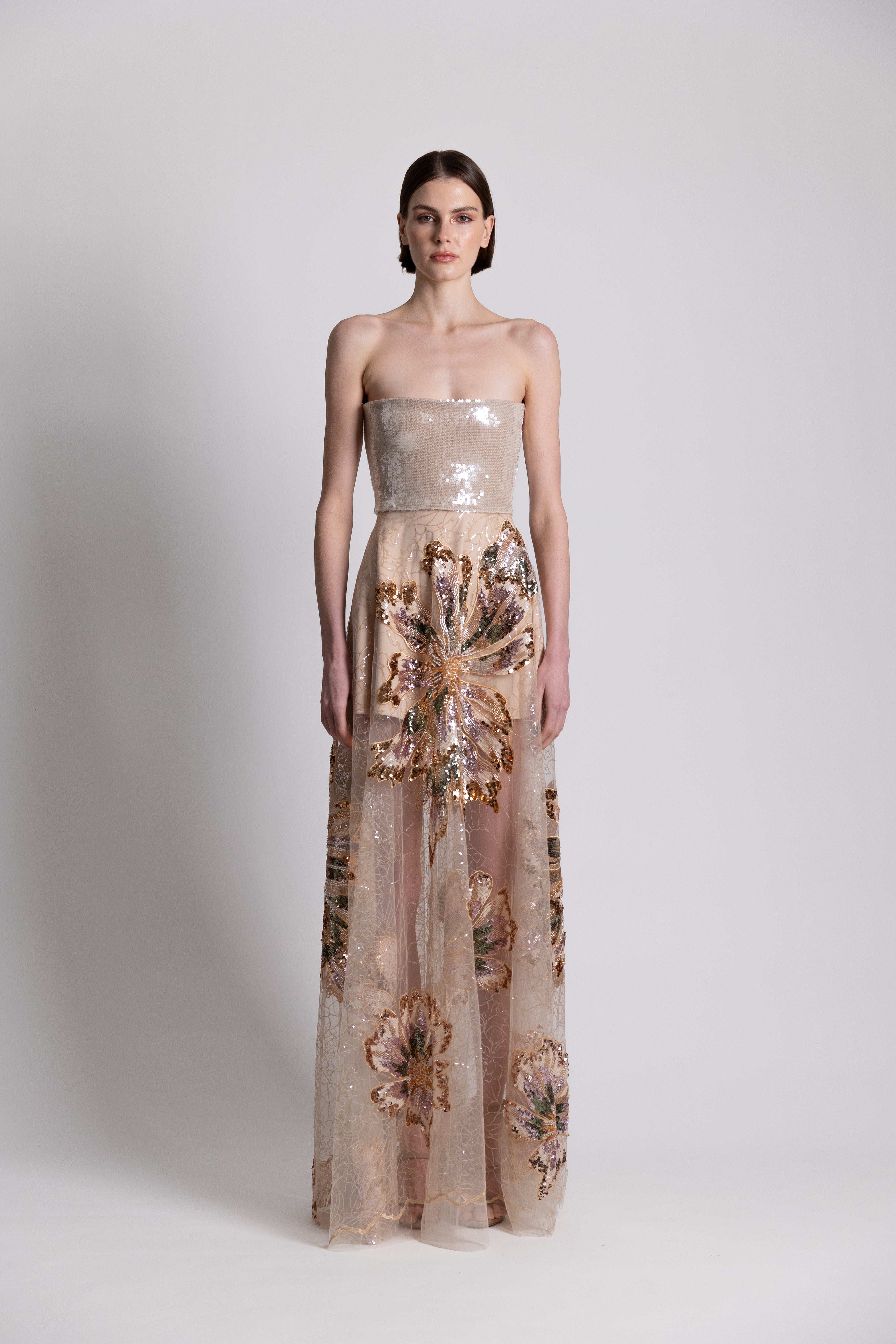 Nude Floral Sequins Gown