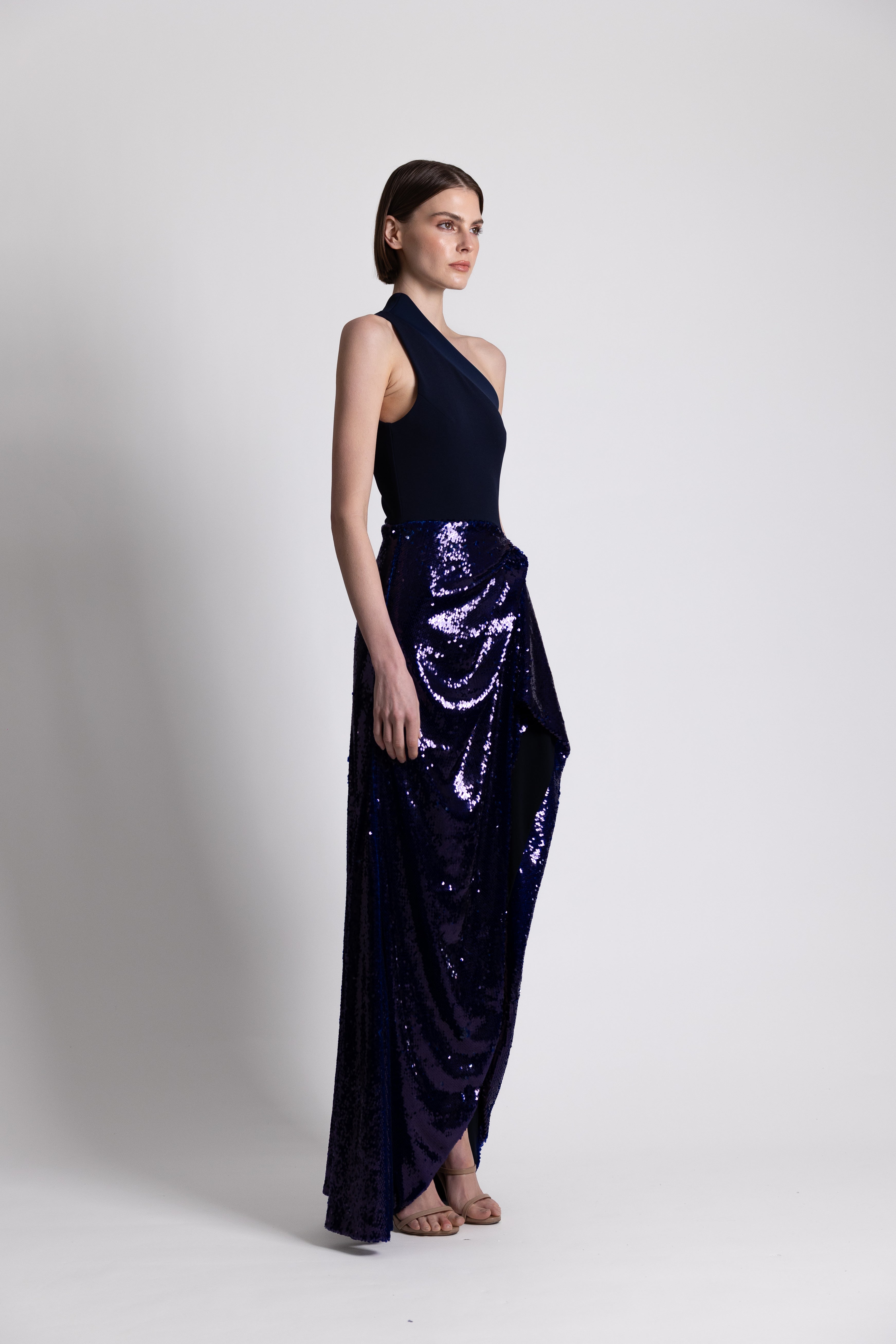 Navy One-Shoulder Gown with Sequins