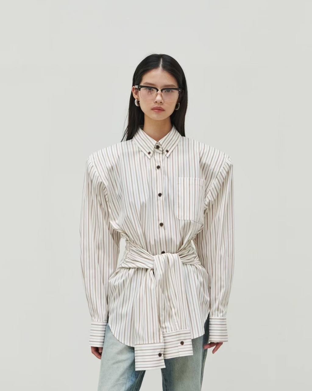 Waist tie striped shirt