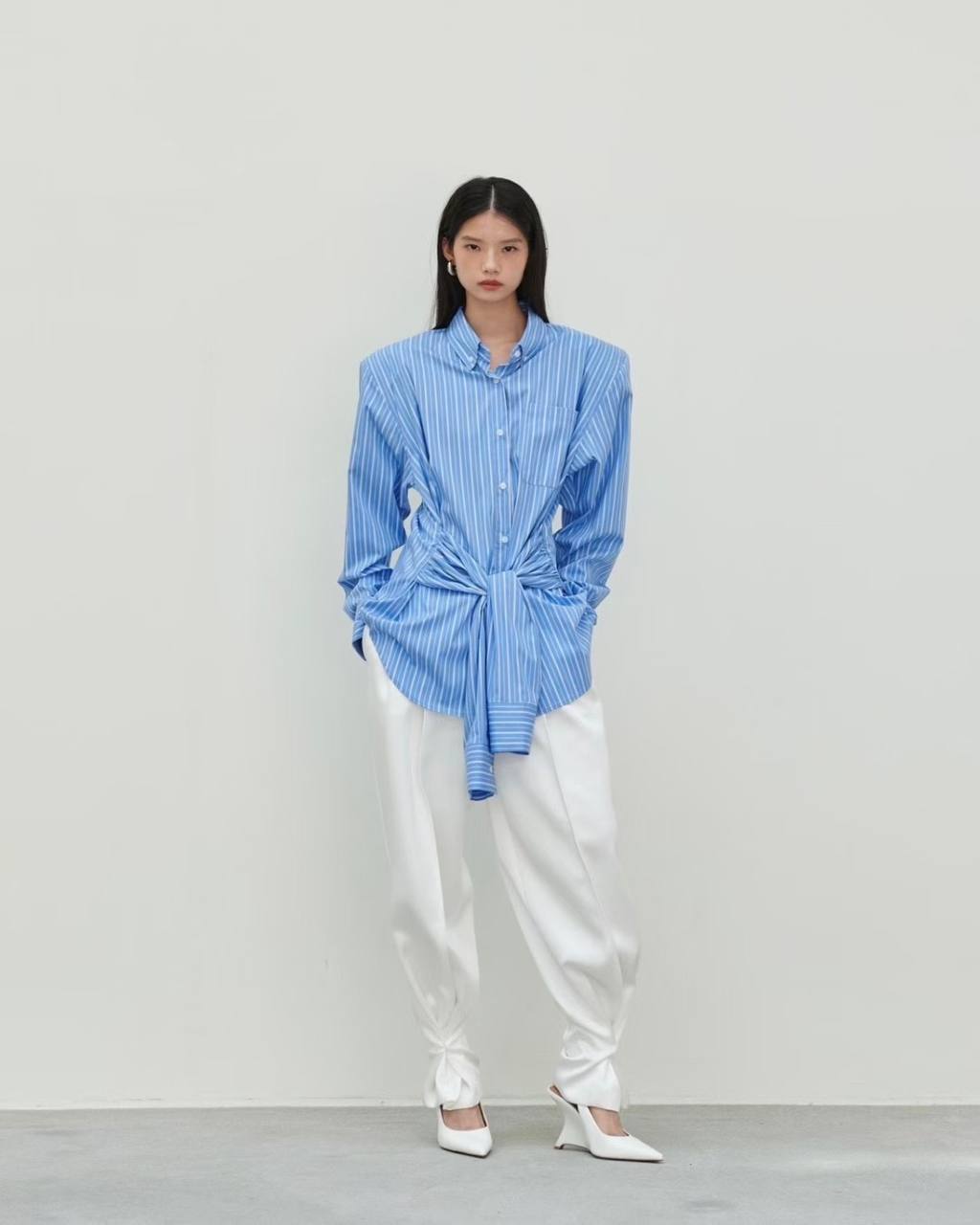 Waist tie striped shirt