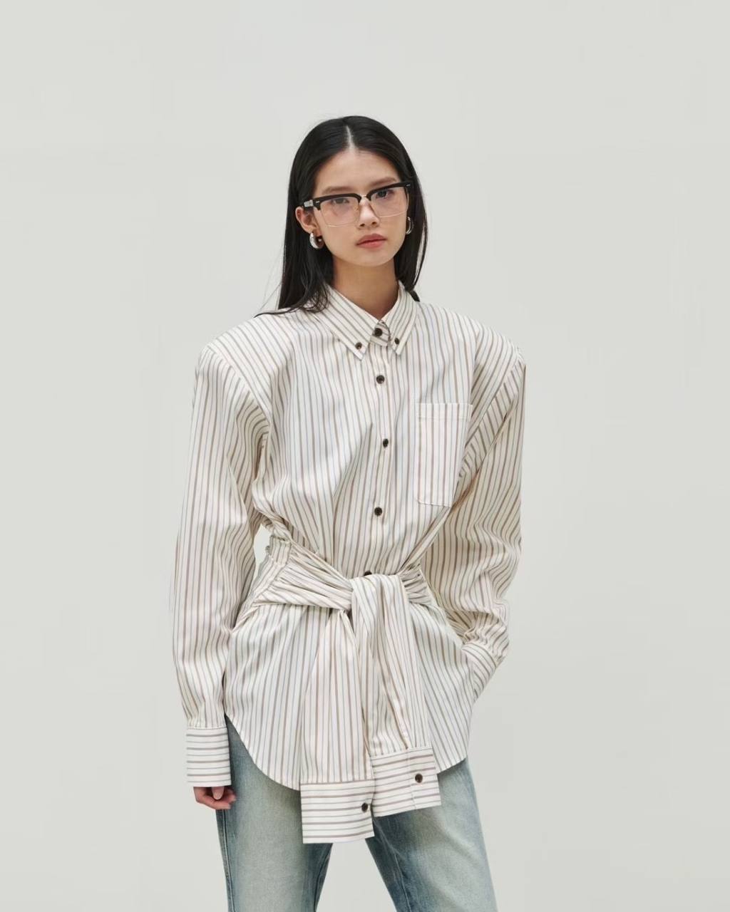 Waist tie striped shirt