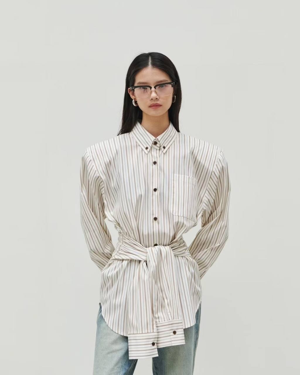 Waist tie striped shirt