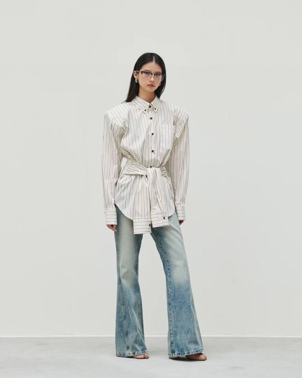 Waist tie striped shirt