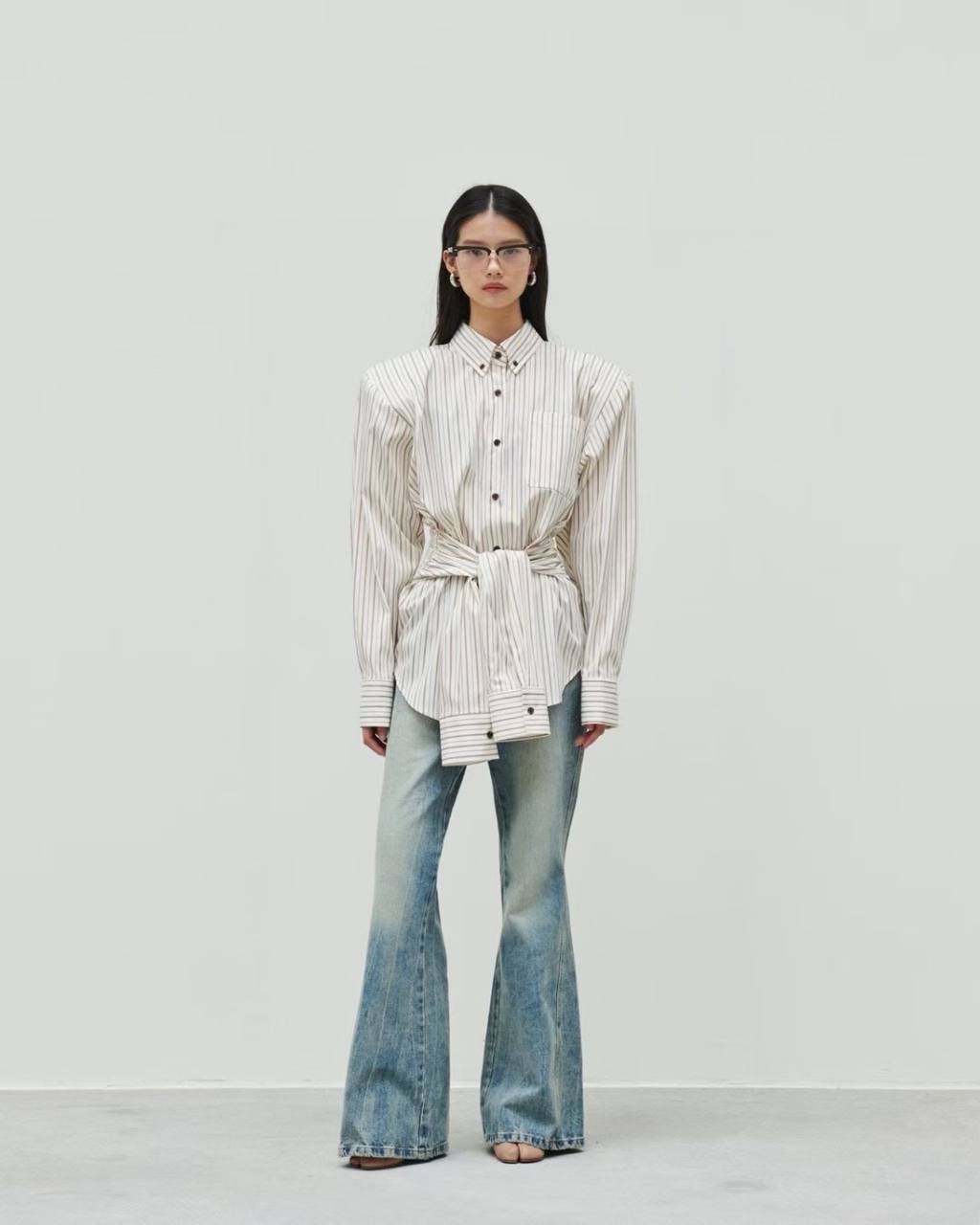 Waist tie striped shirt