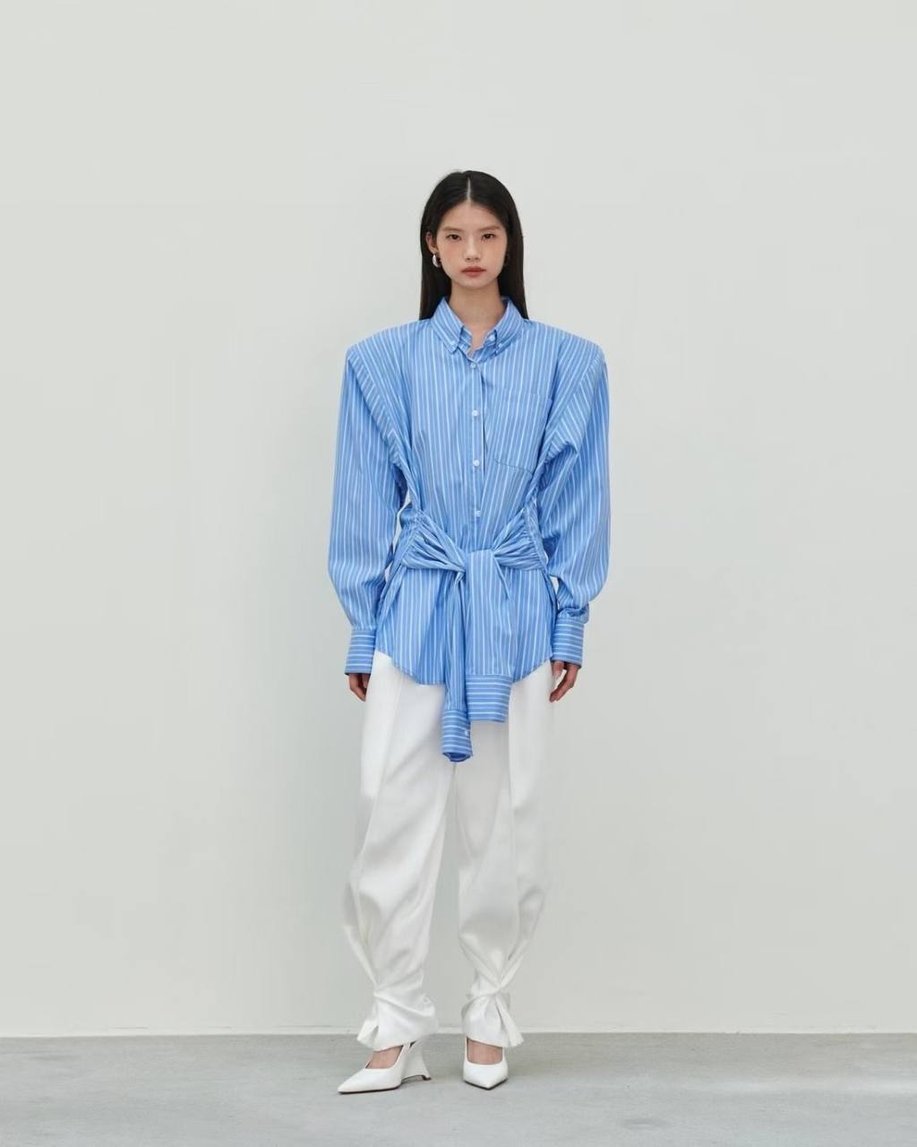 Waist tie striped shirt