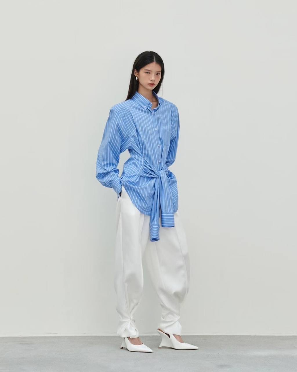 Waist tie striped shirt